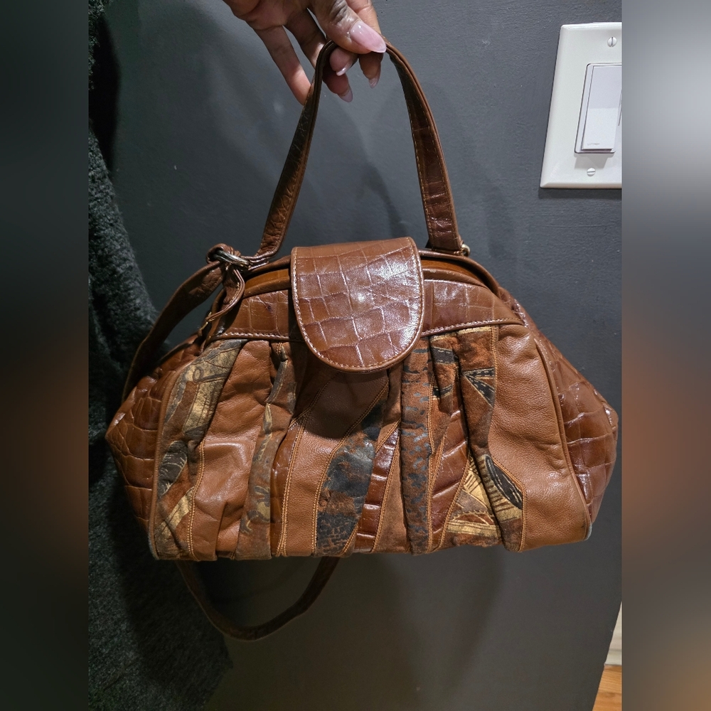 Vtg Brown Patchwork Croc Embossed Shoulder Bag 15… - image 2